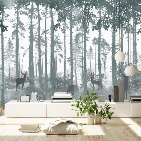 Dark Misty Forest with Horned Deer Wallpaper Mural