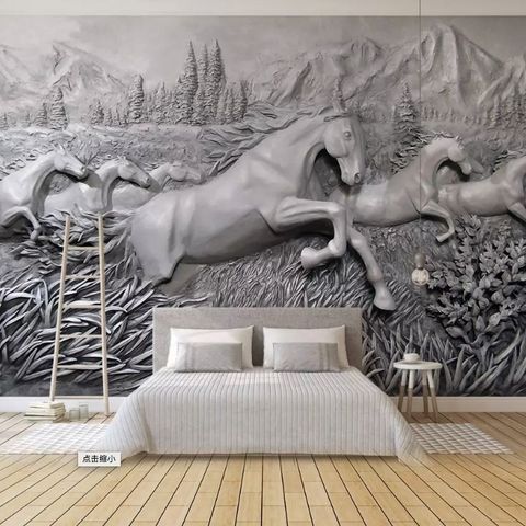 3D Embossed Look Cement Angel Horses Wallpaper Mural