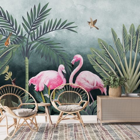 Pink Flamingo with Vintage Forest Wallpaper Mural