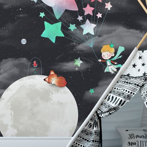 Little Prince and Moon with Watercolor Stars Wallpaper Mural