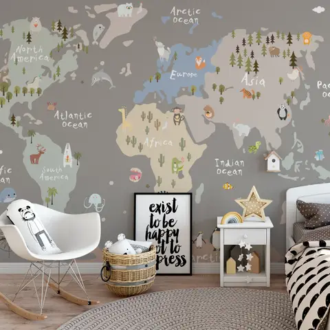 Kids Colorful World Map with Animals Wallpaper Mural