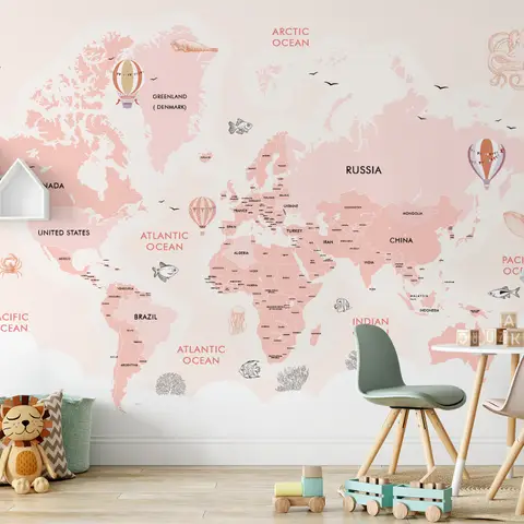 Kids Girls Cartoon Pink World Map Wallpaper Mural