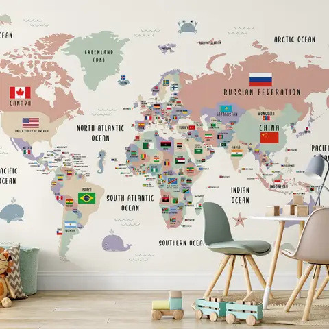 Kids Colorful World Map with Flags Map Wallpaper Mural