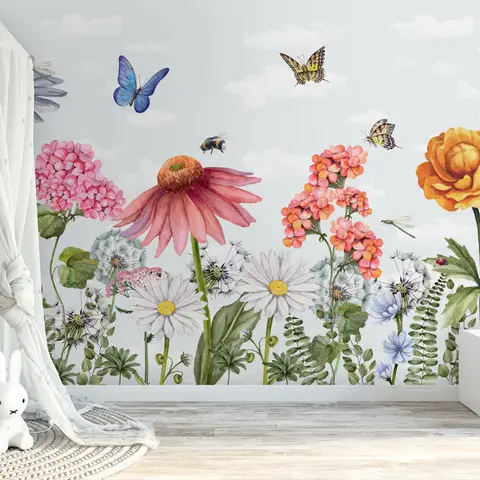 Kids Floral Gardens with Butterflies Wallpaper Mural