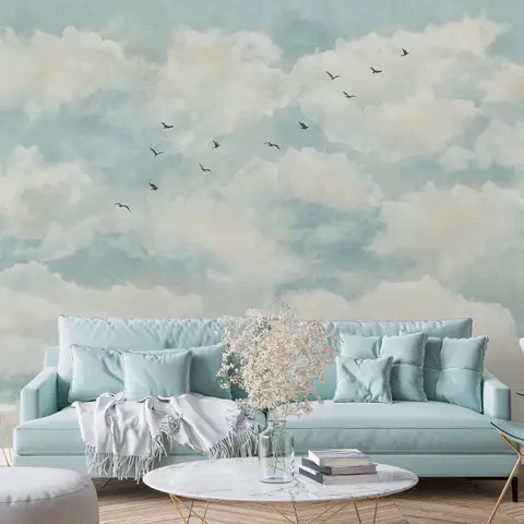 Abstract Clouds with Birds Wallpaper Mural